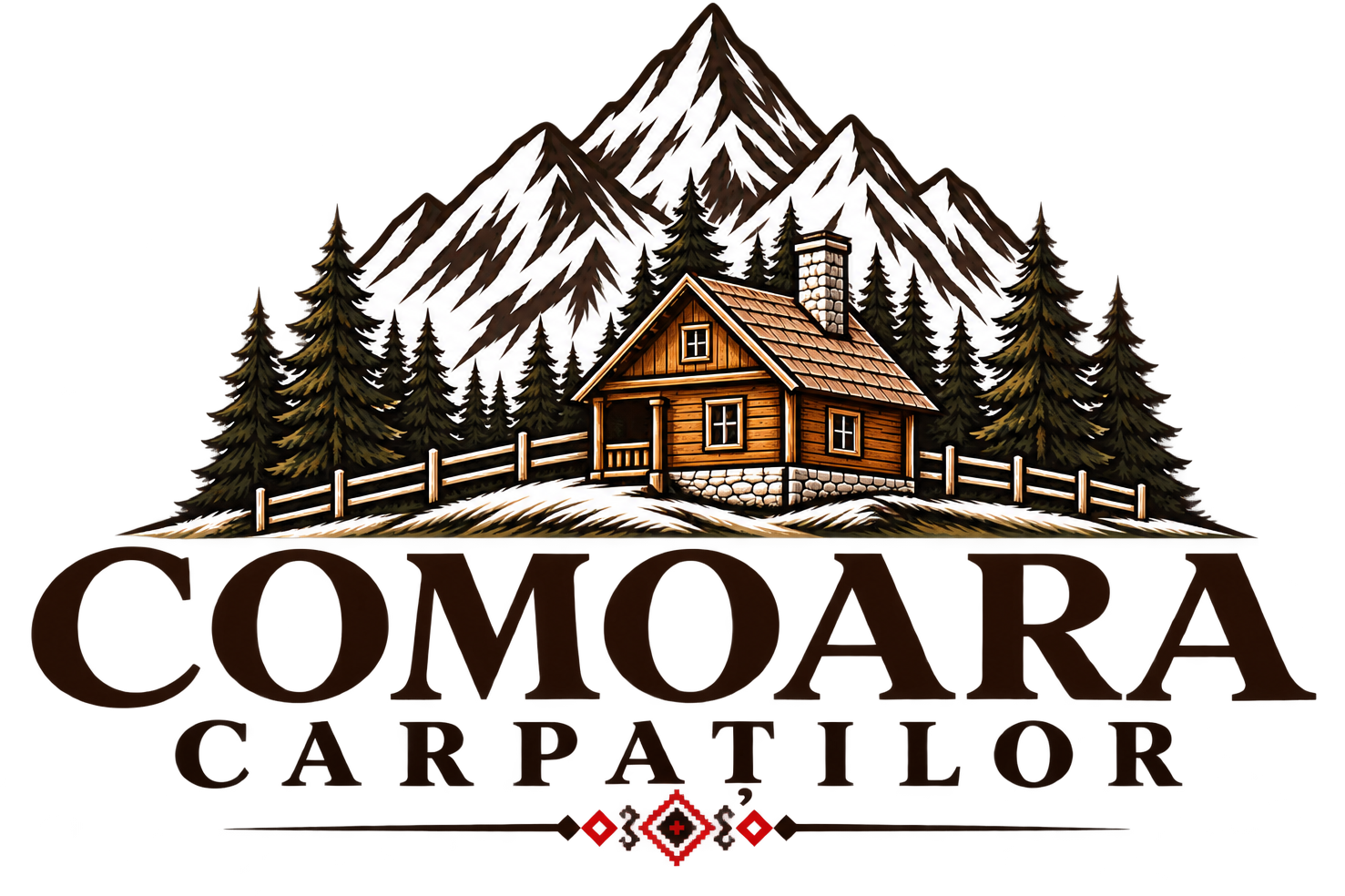 Comoara Carpaților — logo cu munte, brazi și cabană tradițională